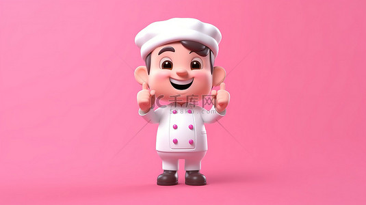 卡通做饭女背景图片_可爱的厨师面包师或咖啡师在充满活力的粉红色背景 3d 渲染上竖起大拇指餐厅厨师吉祥物
