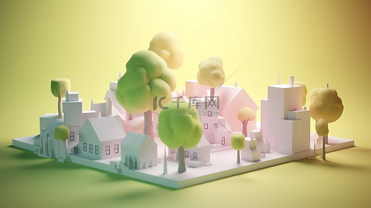科技之树背景图片_lowpoly 树和 3d 渲染立方体上的村庄