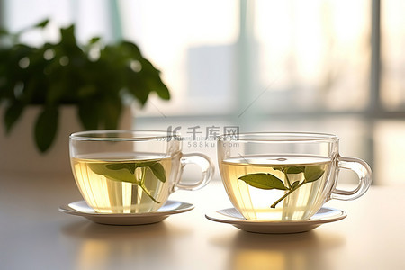玻璃茶杯背景图片_植物前白色容器中的两个玻璃茶杯