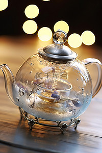 木桌上一个有吸引力的玻璃茶壶
