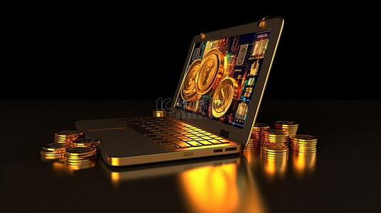 笔记本电脑分配钱的 3d 渲染，就像 atm 一样，金币被隔离