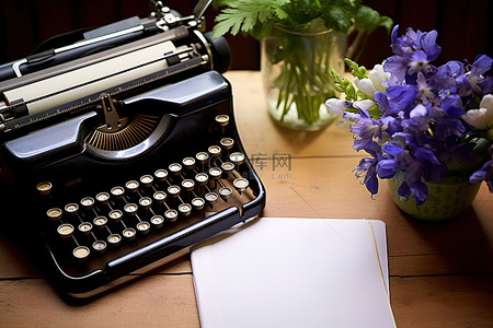 打字机和笔坐在鲜花旁边的桌子上