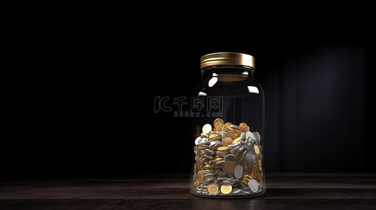 木质字背景图片_比特币瓶是一个 3D 渲染的玻璃罐，在深色木质背景下装满了闪闪发光的金币