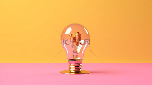 投资知识金币在粉红色调中层叠成灯泡 3D 渲染插图