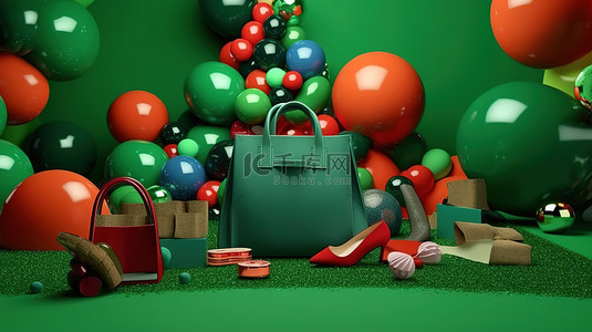 绿色背景 3D 渲染上彩色球中充满活力的时尚和美丽展示高跟鞋口红戒指香水和礼品盒