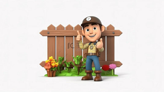 辛勤园丁背景图片_横幅模板，带有园丁竖起大拇指的 3D 渲染