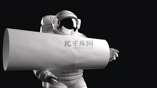 宇航员在太空中挥舞白色横幅的 3D 插图设计
