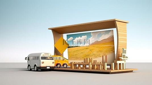 沥青地面公路背景图片_高速公路上带有 3D 旅行和度假立方体的独立广告