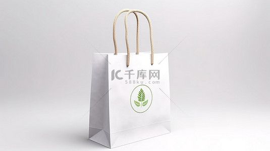 食品袋样机背景图片_3D 渲染白色纸购物袋，带绳柄，用于环保包装