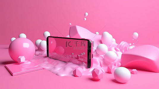 玩下手机背景图片_粉红色背景下在粉红色移动应用程序上流式传输的实时 3d vlog 频道