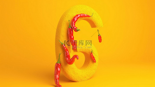 黄色背景展示了通过 3D 渲染用辣椒制作的数字 3