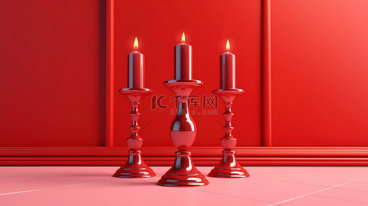 扁平圣诞节花环背景图片_3D 渲染房间中的扁平实心红色圣诞烛台架