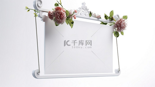 白色背景上的空悬挂标志，为您的设计和精致的花卉装饰 3D 渲染提供空间