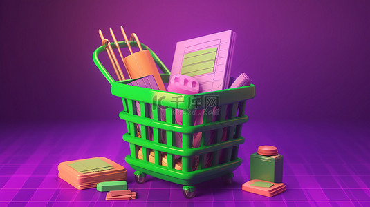 卡通 3d 渲染购物清单的插图，带有绿色复选标记购买篮子和紫色背景上的钱用于商店库存检查