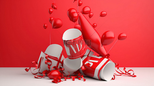 年末送壕礼背景图片_带有红色织物气球扩音器和五彩纸屑的充满活力的 3d 销售横幅
