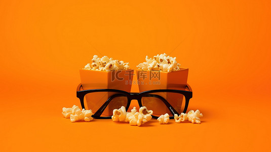 活力快闪背景图片_充满活力的橙色背景上的 3d 眼镜和爆米花