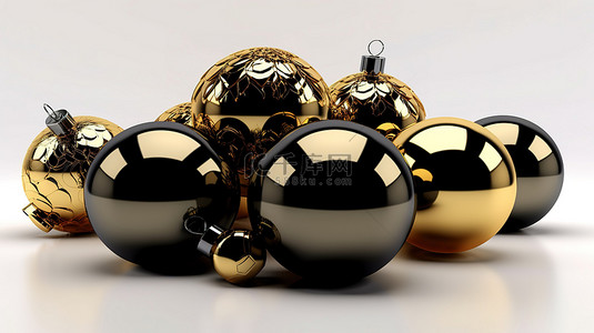 圣诞礼物玩具背景图片_白色工作室展示黑色和金色小玩意的 3D 渲染