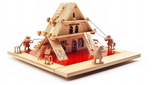 象征信用风险的木制捕鼠器上方银行大楼的 3D 渲染