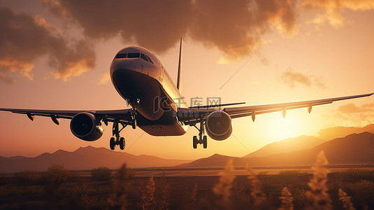 广告天空背景图片_3D 飞机的日落着陆创意渲染的广告图像