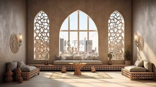 激光切割阿拉伯图案装饰摩洛哥风格的室内空间 3D 渲染