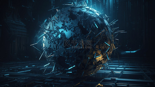 科幻背景抽象 3d 渲染中具有混沌结构的低聚蓝色球体