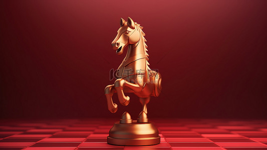 红色的国际象棋背景图片_红色哑光金板上的金色骑士国际象棋图标 3D 渲染的社交媒体符号