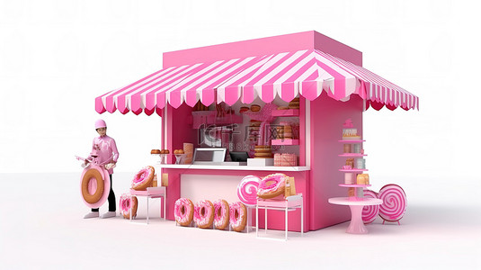 甜食背景图片_孤立的白色背景中粉红色甜甜圈供应商的卡通风格 3d 插图