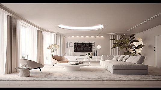 现代宽敞的客厅，设计优雅，框架引人注目，3D 渲染