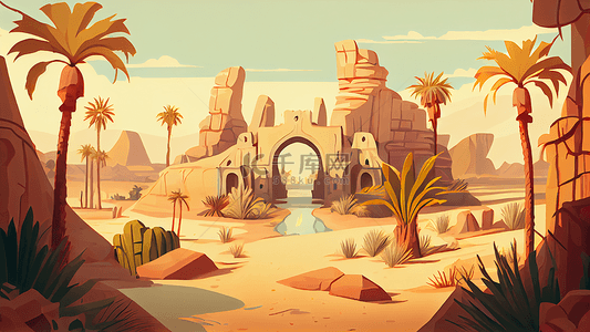 建筑沙漠可爱插画背景