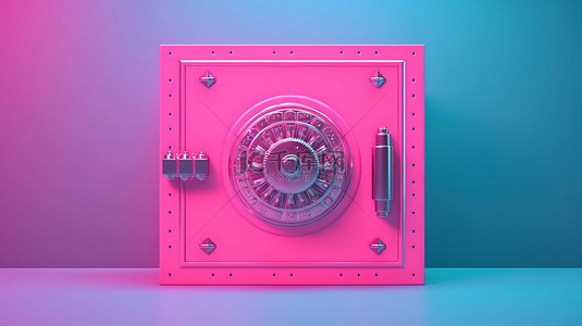 双色调蓝色安全金库门，形状为粉红色背景 3D 渲染上的美元符号