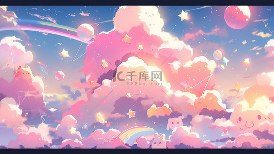卡通夜空背景图片_柔和柔和的渐变天空，带有 3D 渲染的卡通梦幻般的彩虹云和星星