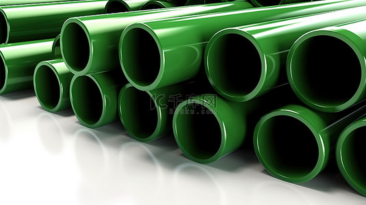 白色背景上孤立的绿色 PVC 管的 3D 渲染
