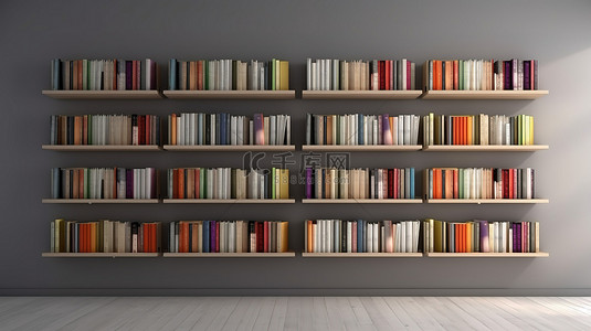 3D书架子背景图片_书架上的 3d 书籍靠在原始墙壁上，标题下方有空白空间
