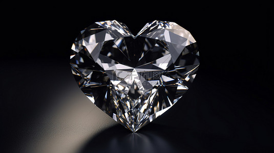 黑色背景宽图像上心形钻石的 3D 渲染
