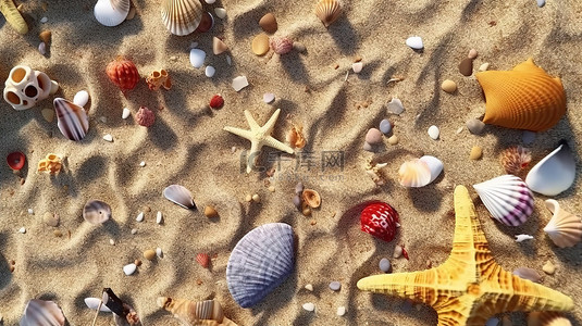 无人机看到的海滩上有各种贝壳和海星的 3D 渲染