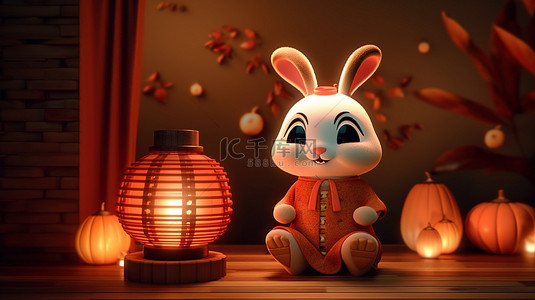 可爱的兔子和充满活力的中国灯笼庆祝3D渲染的欢乐中秋节