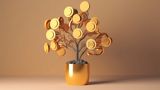 锅中金币花树的简约卡通 3D 渲染