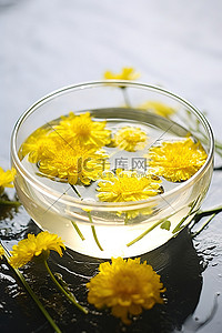 玻璃碗背景图片_玻璃碗中黄色花朵的图像