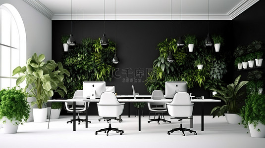 现代工作空间 3D 渲染办公室内部，配有黑色椅子白色可调节办公桌和郁郁葱葱的植物装饰