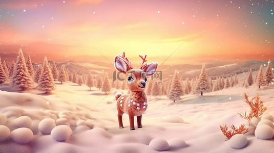 鹿卡通背景图片_可爱的 3D 渲染新年鹿在节日的圣诞景观中