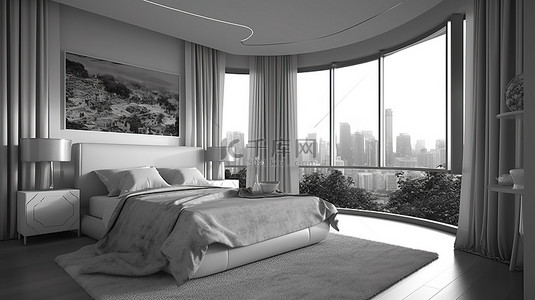 现代黑白 3D 渲染卧室，配有落地窗，俯瞰城市