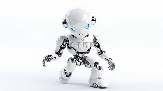 迷人的机器人 ai 在 3d 渲染中的干净白色背景上运行