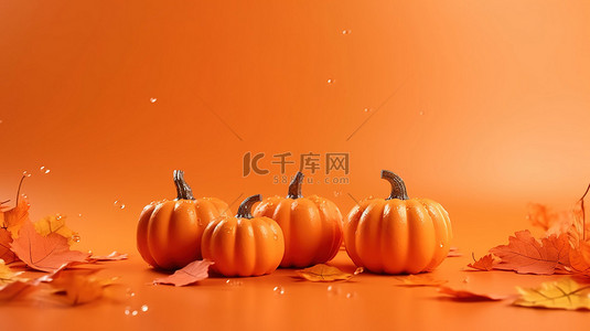 橙色背景下的南瓜和落叶的秋季主题广告 3D 渲染