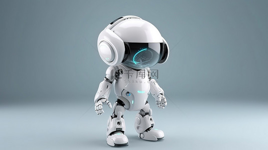 可爱的 3D 机器人穿着清爽的白色连身裤，成为熟练的技术人员