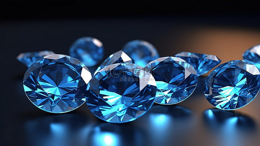 闪亮背景上的一簇蓝色钻石蓝宝石，主要关注 3D 渲染