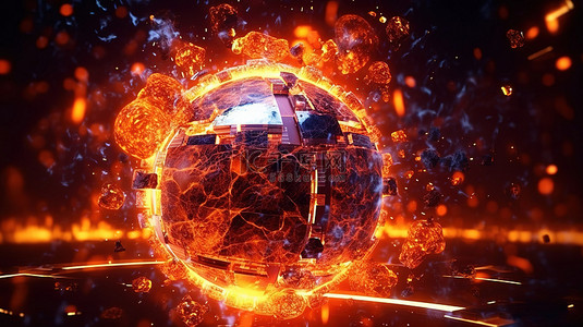 消灭爆炸背景图片_破坏性激光在火焰中消灭球体3D 渲染
