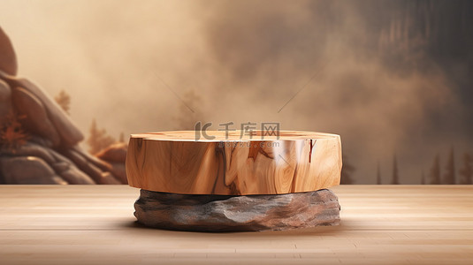 木质讲台具有自然美和放松的特点，非常适合产品展示和促进健康3D 插图
