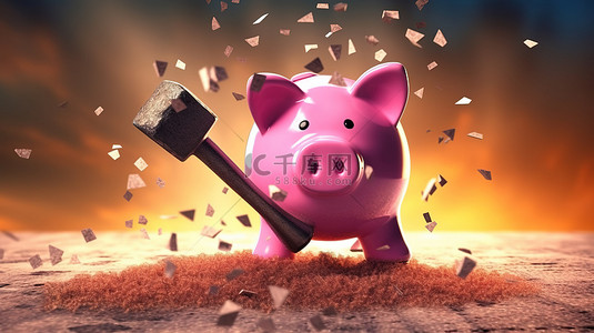 金融锤子背景图片_不稳定的粉红色存钱罐，处于锤子破坏边缘的 3D 插图