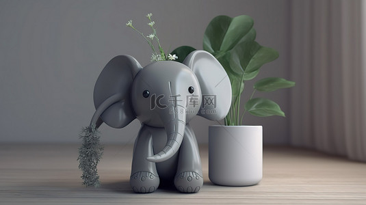 3d 渲染中可爱的大象和迷人的花盆