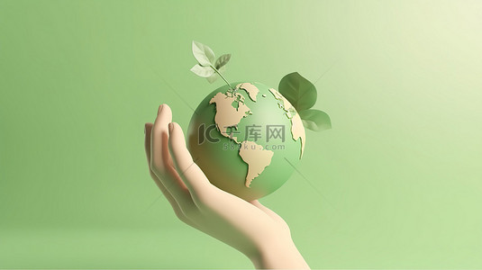 生态康养背景图片_地球日概念手握 3D 渲染中的标志性世界，用于背景横幅海报和卡通风格的卡片